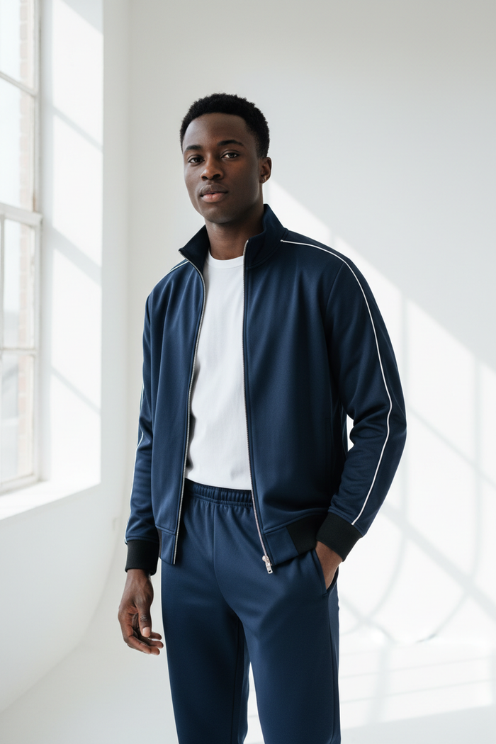 Man wearing Men's Navy Zip-Up Track Jacket in navy