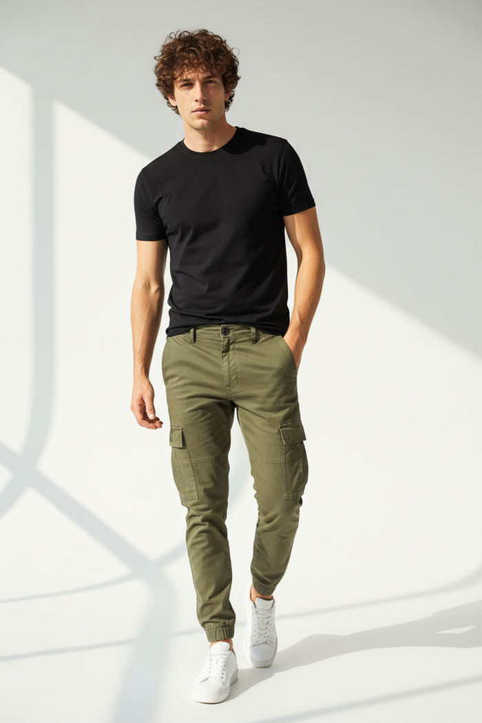 Man wearing Men's Relaxed Cargo Joggers in olive green