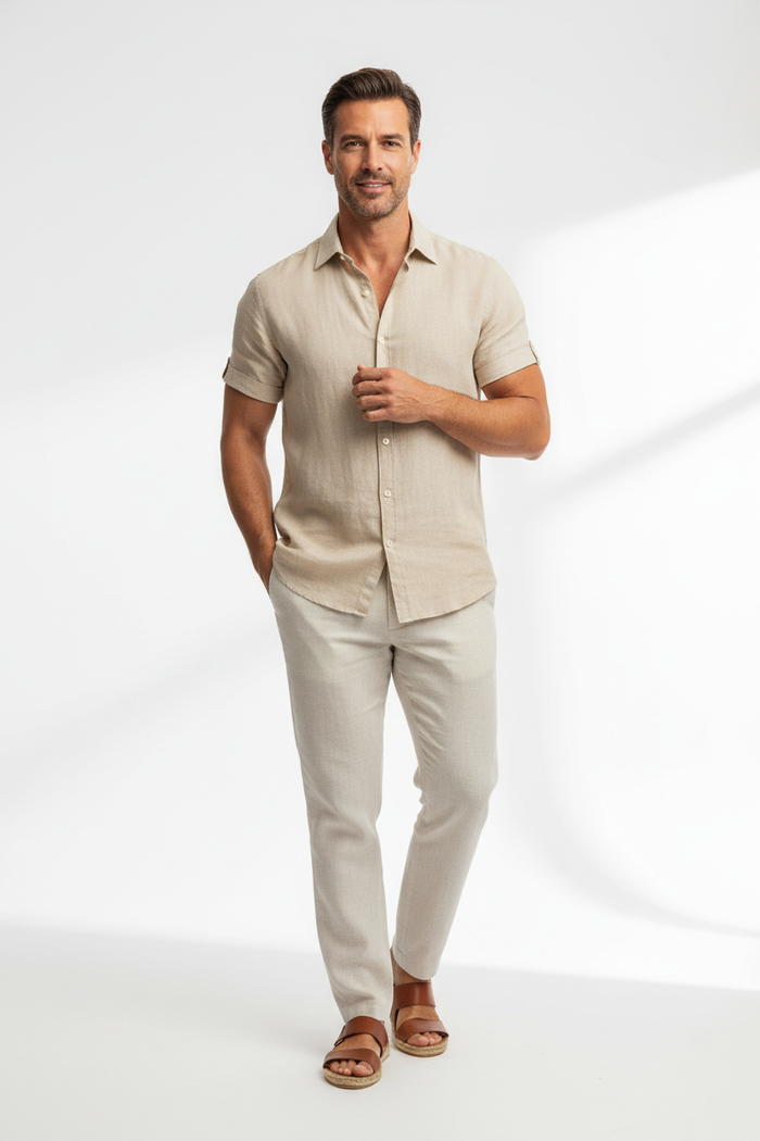 Man wearing Men's Relaxed Linen Shirt in beige