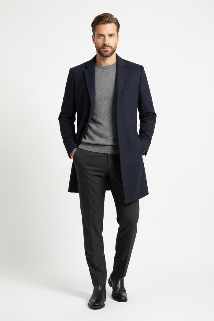 Man wearing Men's Slim Fit Wool Overcoat in navy