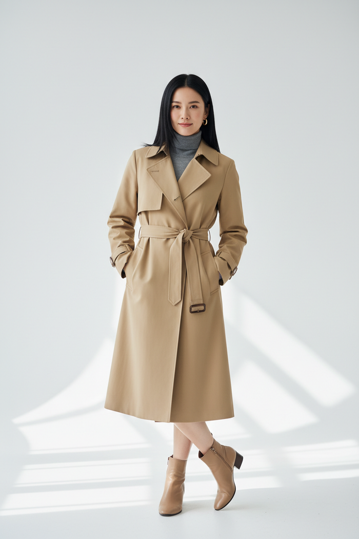 Woman wearing Women's Classic Trench Coat in beige