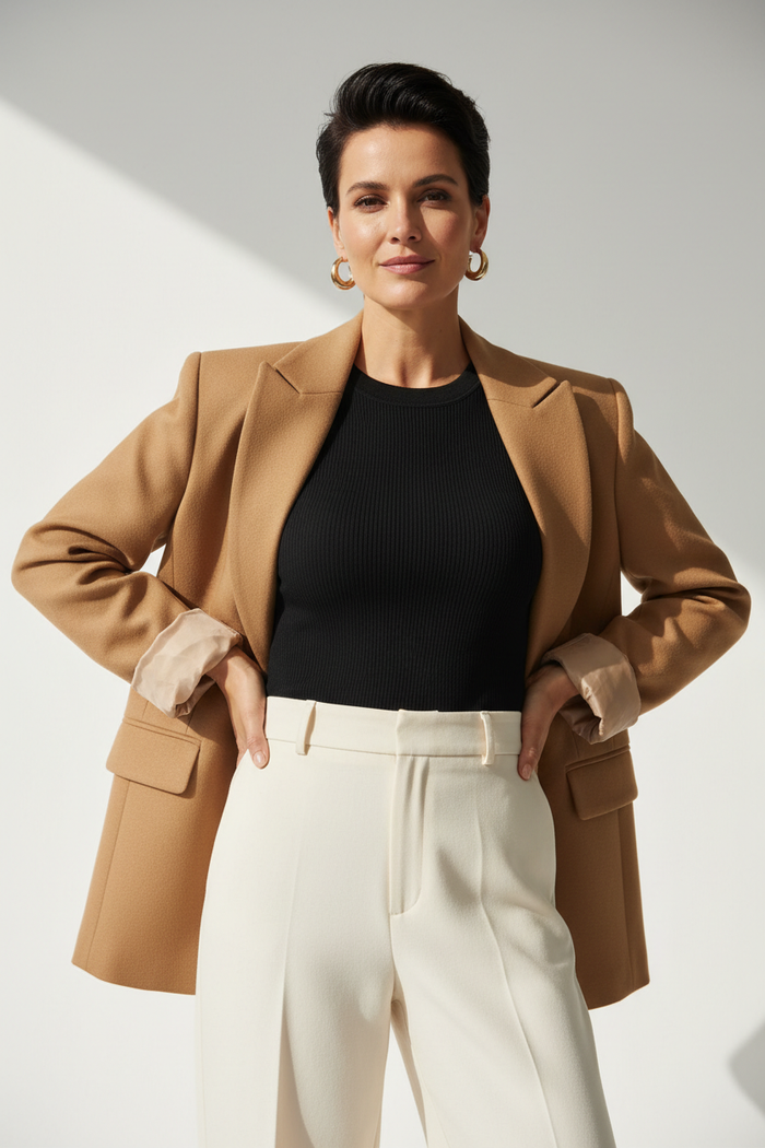 Woman wearing Women's Oversized Camel Blazer