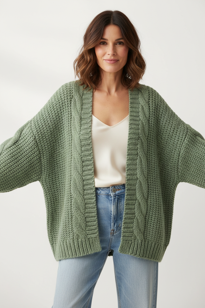 Woman wearing Women's Oversized Knit Cardigan in sage green