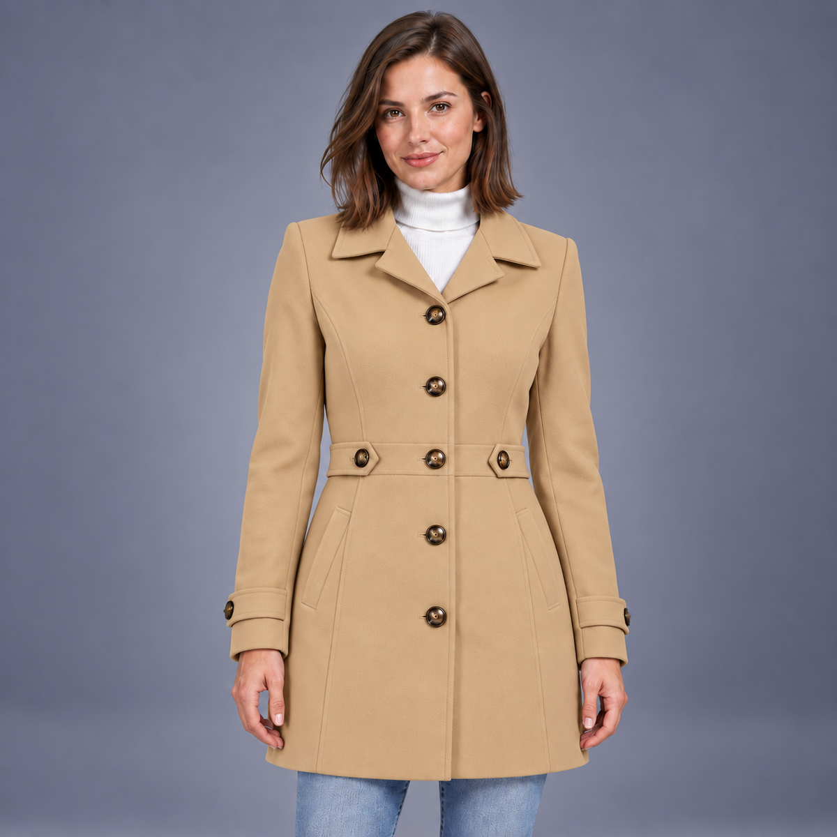 Fontavier Women's Tweed Waist-Cinching Mid-Length Overcoat