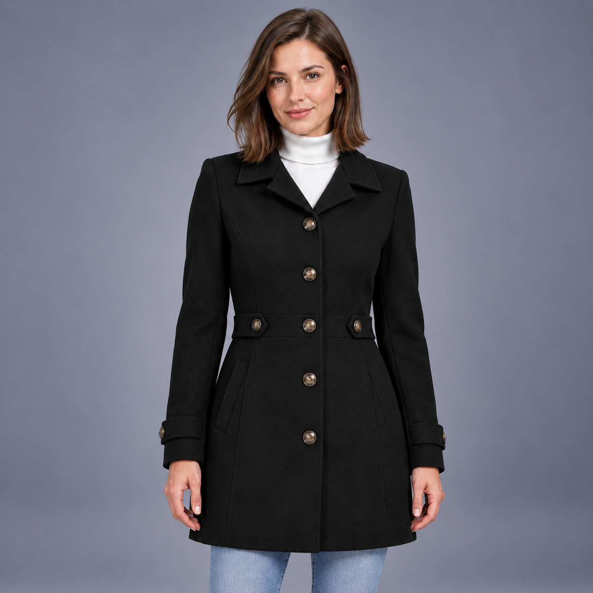 Fontavier Women's Tweed Waist-Cinching Mid-Length Overcoat