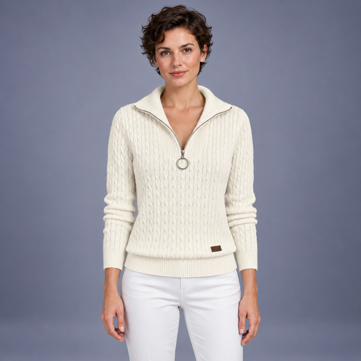 Fontavier Women's Cable-Knit Half-Zip Stand Collar Sweater