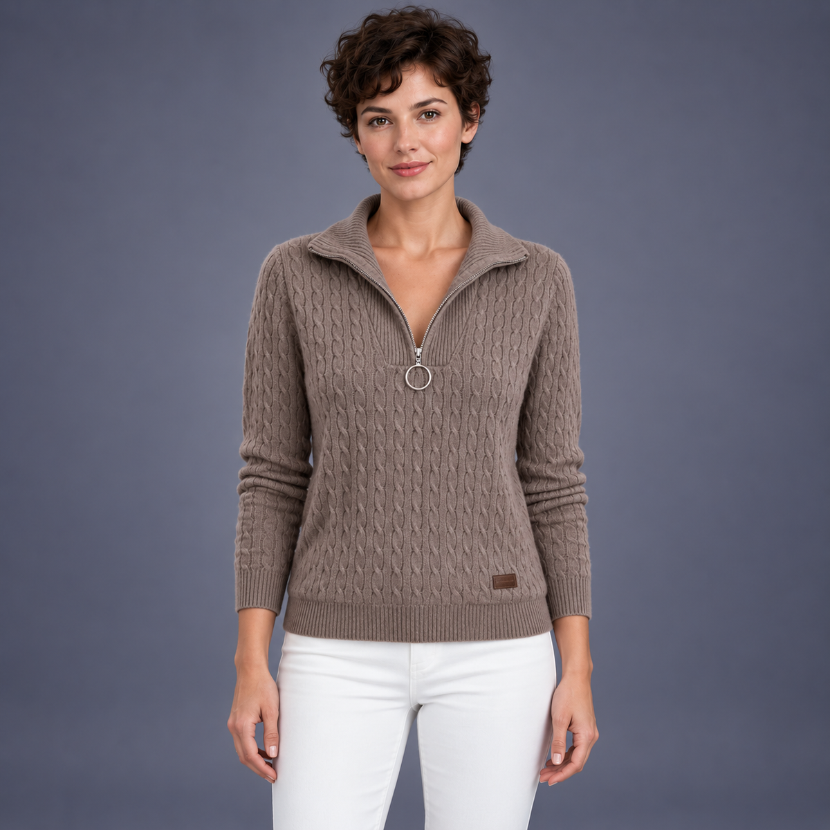 Fontavier Women's Cable-Knit Half-Zip Stand Collar Sweater