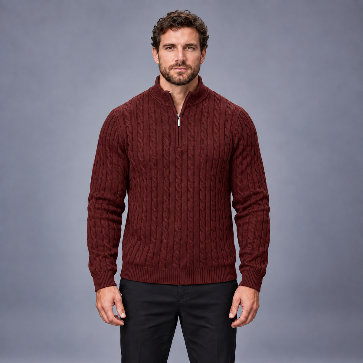 Fontavier Men's Textured Cable Knit Half-Zip Sweater