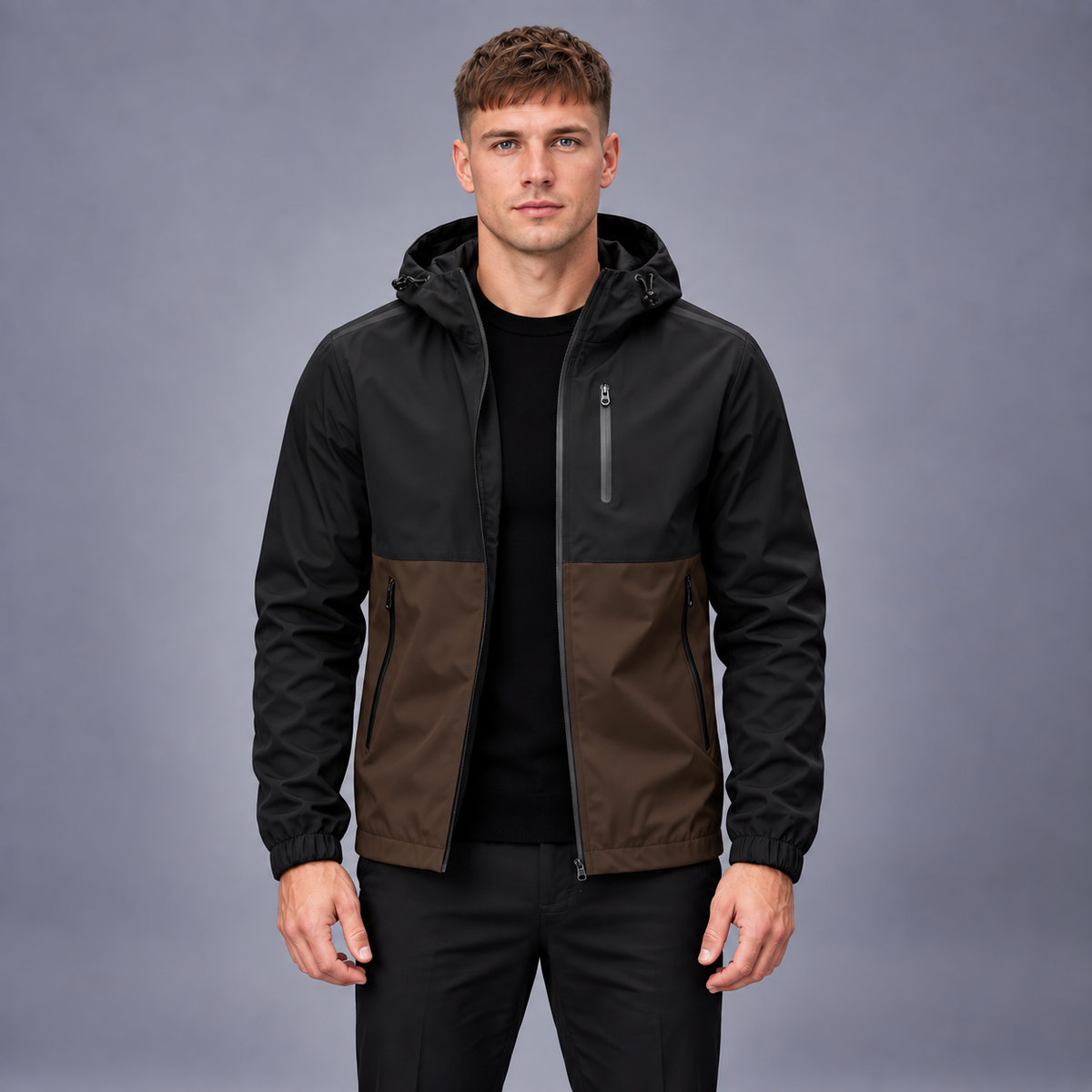 Fontavier Men's Color-Block Hooded Windbreaker Jacket - Black / Brown