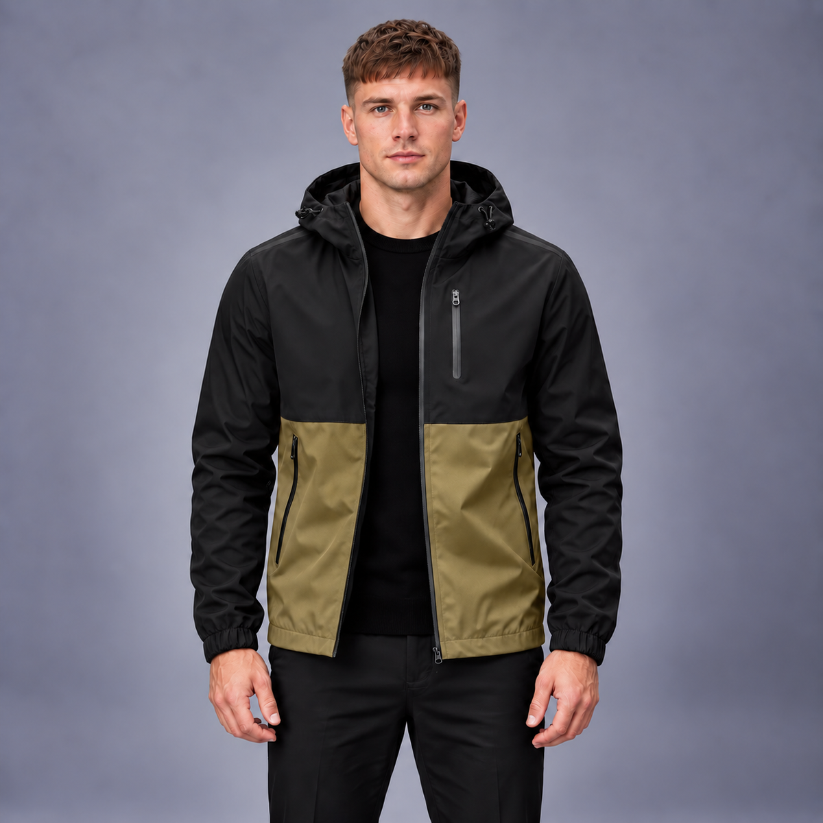 Fontavier Men's Color-Block Hooded Windbreaker Jacket - Black / Khaki