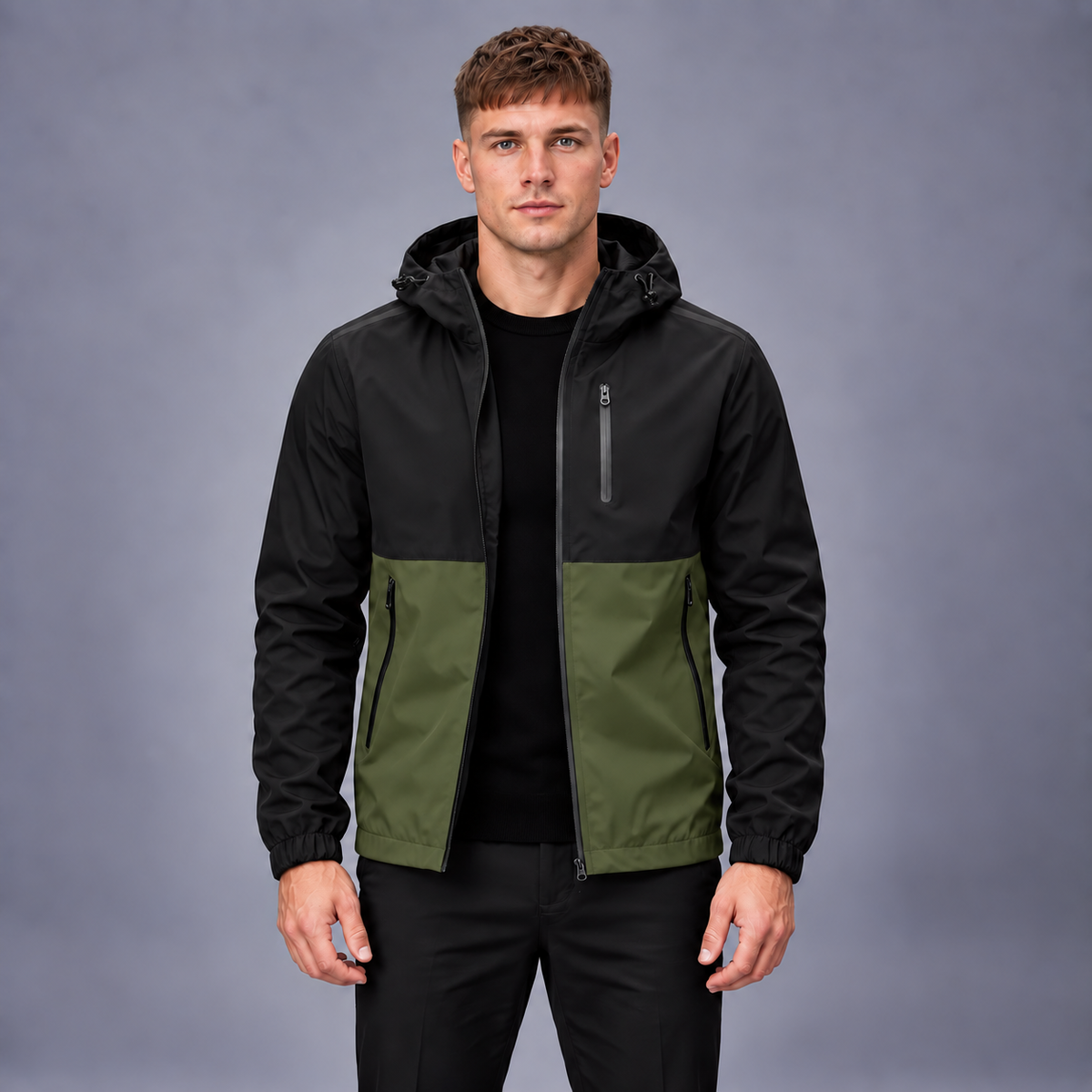 Fontavier Men's Color-Block Hooded Windbreaker Jacket - Black / Olive