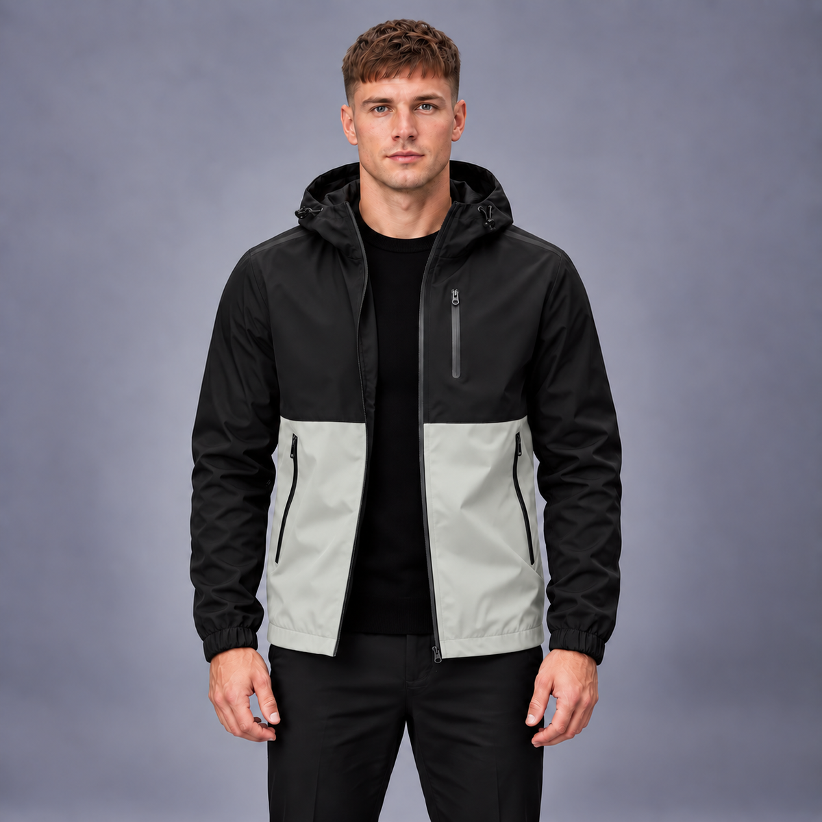 Fontavier Men's Color-Block Hooded Windbreaker Jacket - Black / Stone Grey