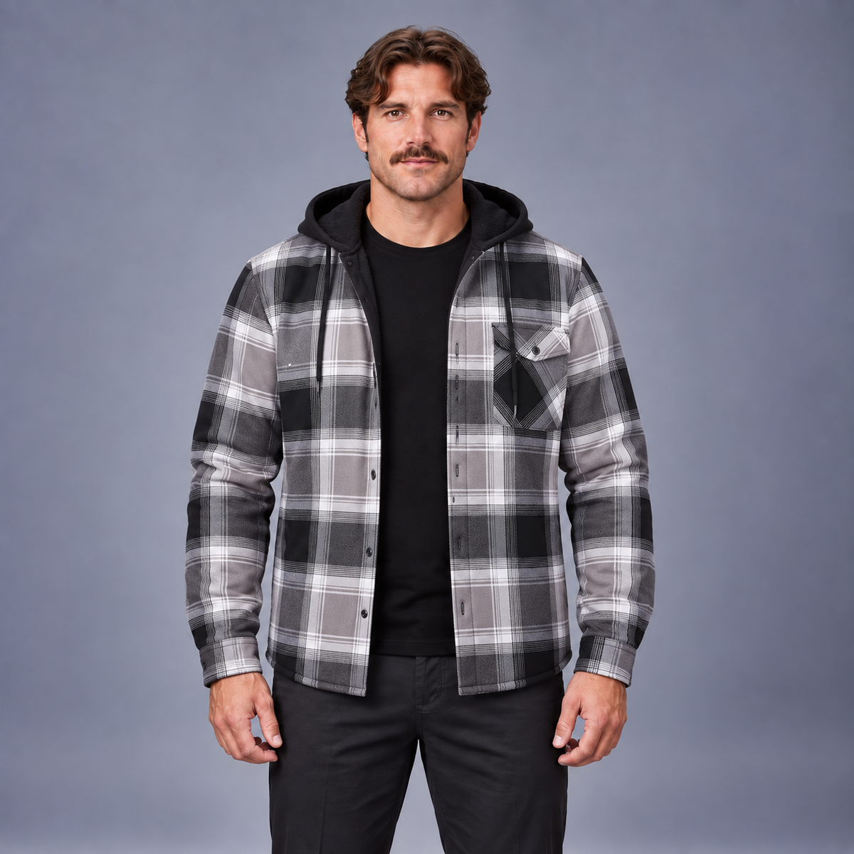 Fontavier Men's Plaid Button-Front Lined Hoodie - Grey Plaid