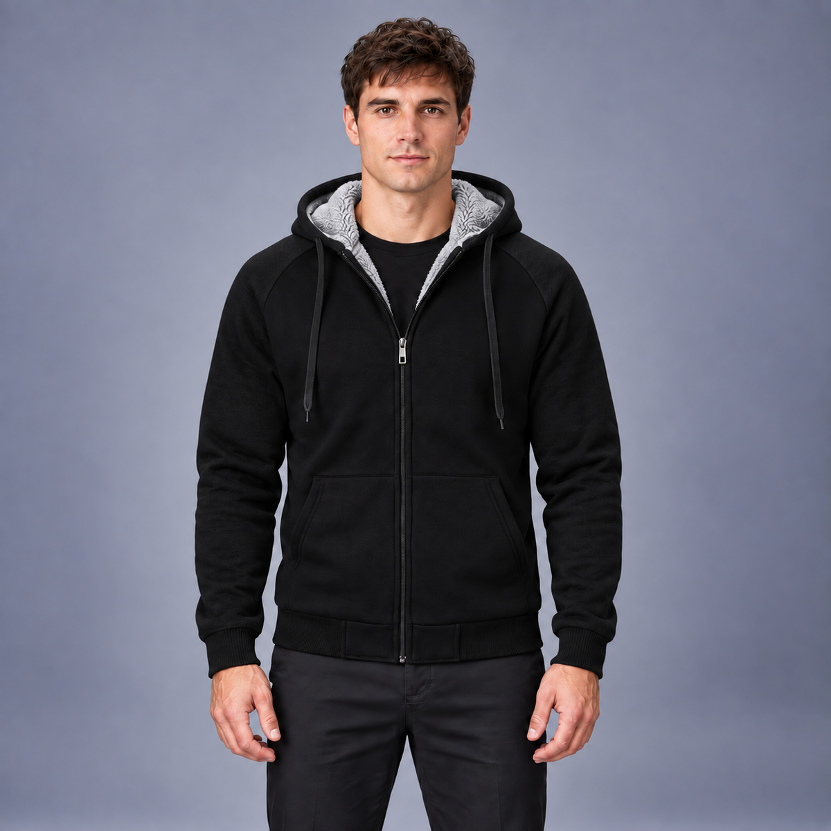 Fontavier Men's Sherpa-Lined Full-Zip Hoodie - Black