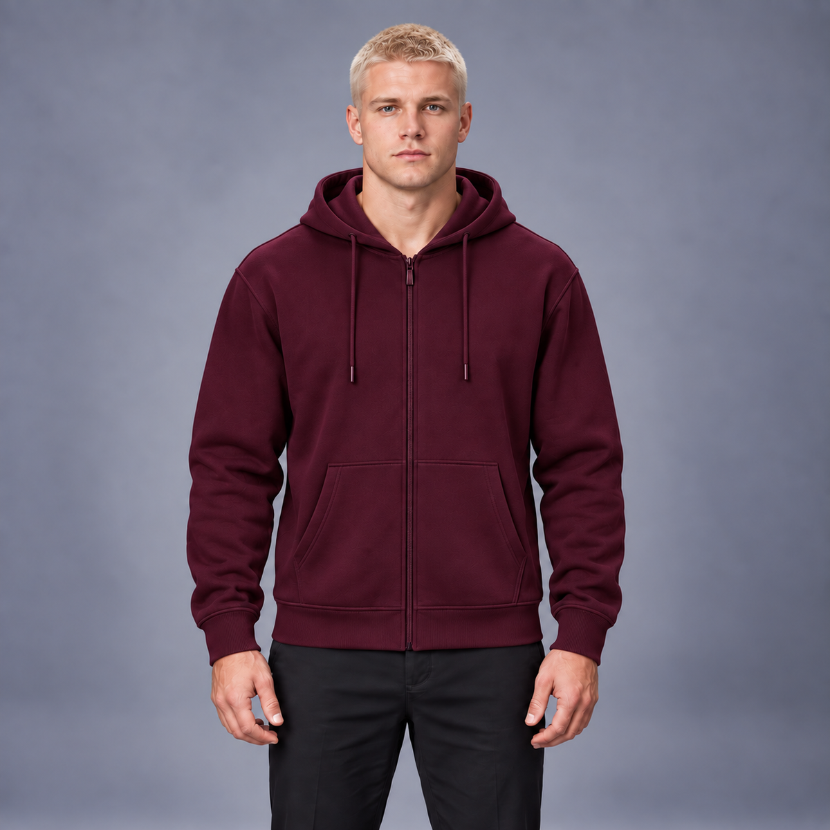 Fontavier Men's Solid Zip-Up Hooded Sweatshirt - Burgundy