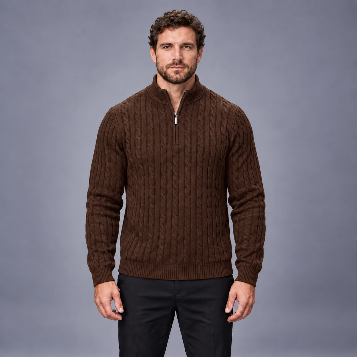 Fontavier Men's Textured Cable Knit Half-Zip Sweater - Brown