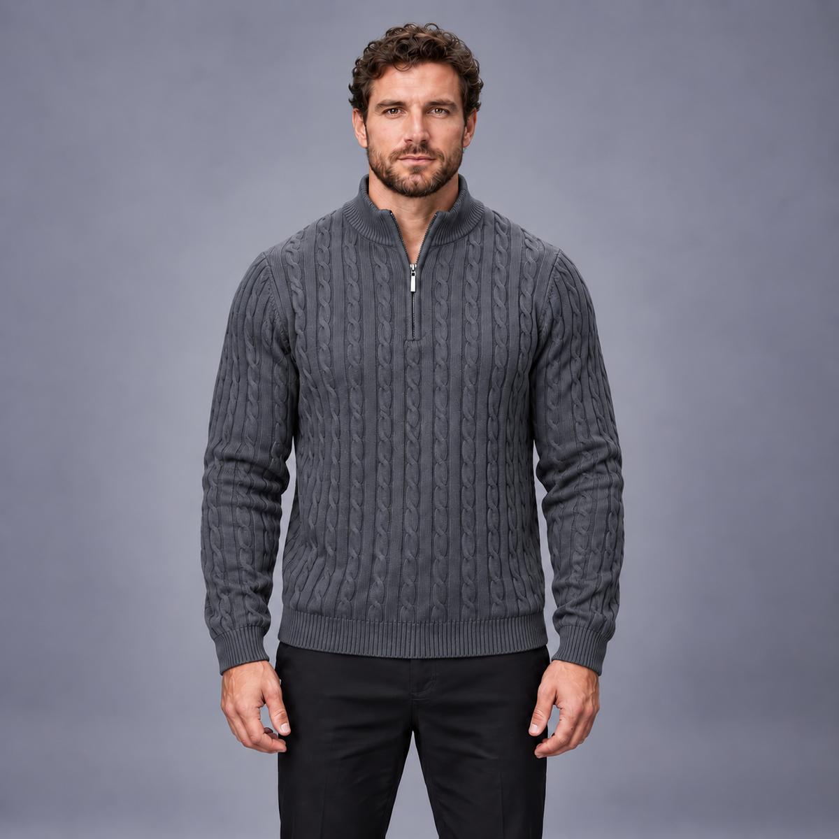 Fontavier Men's Textured Cable Knit Half-Zip Sweater - Grey