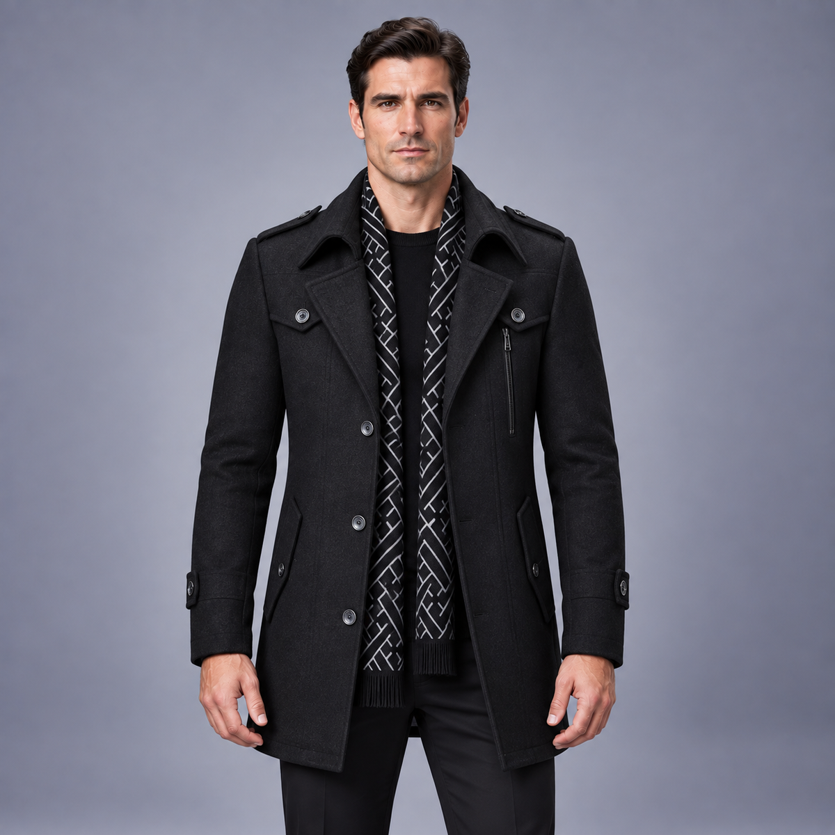 Fontavier Men's Wool-Blend Scarf Collar Overcoat - Black