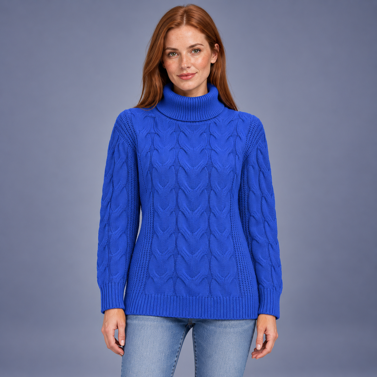 Fontavier Women's Elegant High-Neck Pullover Sweater - Royal Blue