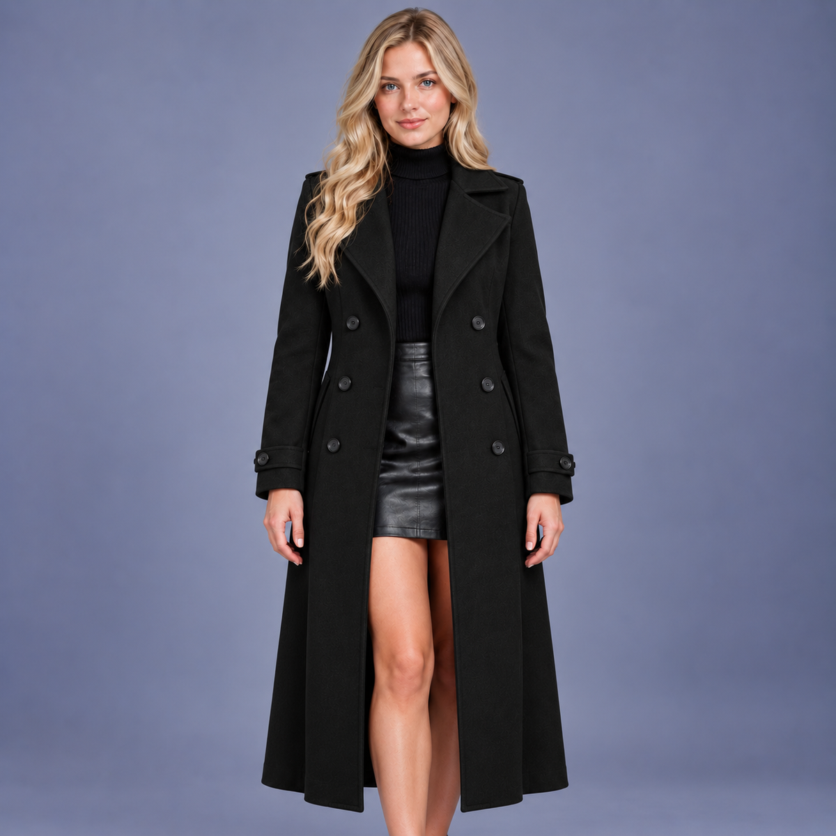 Fontavier Women's French-Style Double-Breasted Mid-Length Overcoat - Black