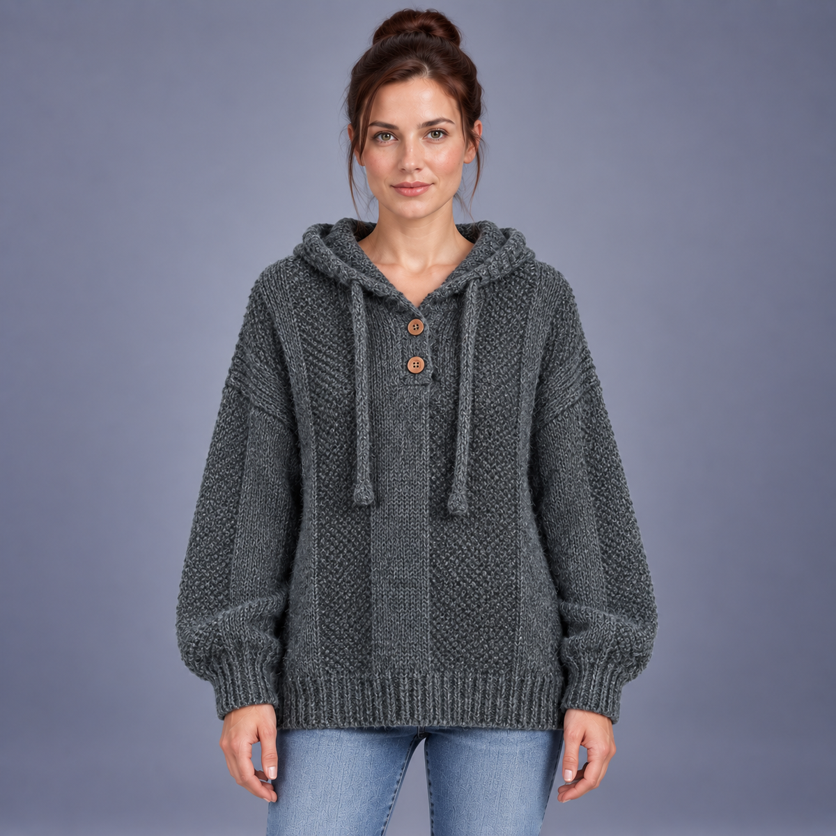 Fontavier Women's Loose Fit Hooded Drawstring Knit Pullover - Slate Grey