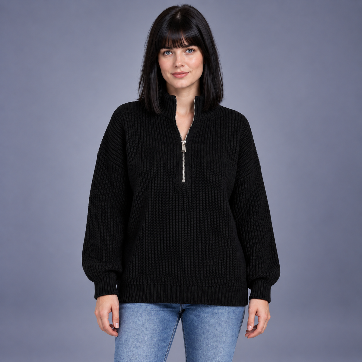 Fontavier Women's Loose Fit Ribbed Cable Half-Zip Sweater - Black