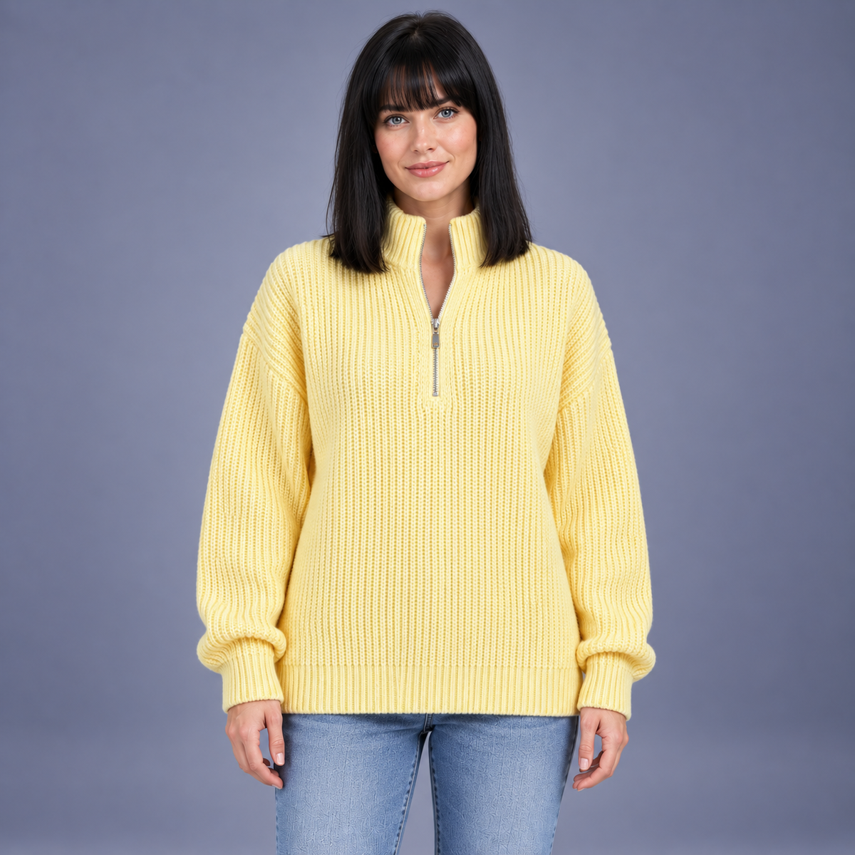 Fontavier Women's Loose Fit Ribbed Cable Half-Zip Sweater - Butter Yellow