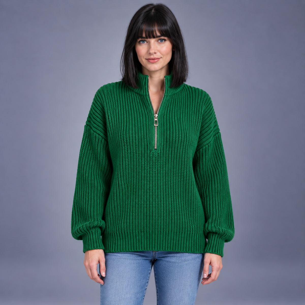 Fontavier Women's Loose Fit Ribbed Cable Half-Zip Sweater - Emerald Green