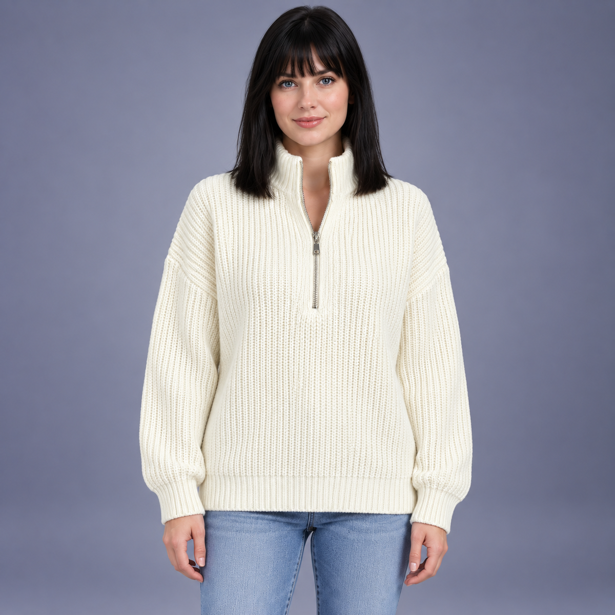 Fontavier Women's Loose Fit Ribbed Cable Half-Zip Sweater - Ivory