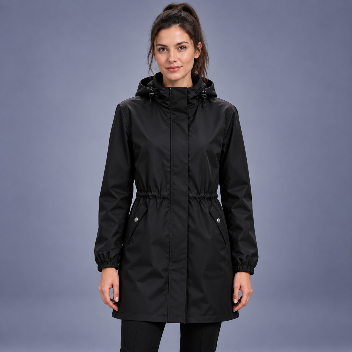Fontavier Women's Mid-Length Hooded Raincoat - Black