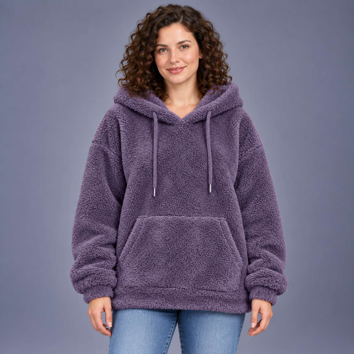 Fontavier Women's Plush Teddy Loose Fit Hooded Sweatshirt - Plum