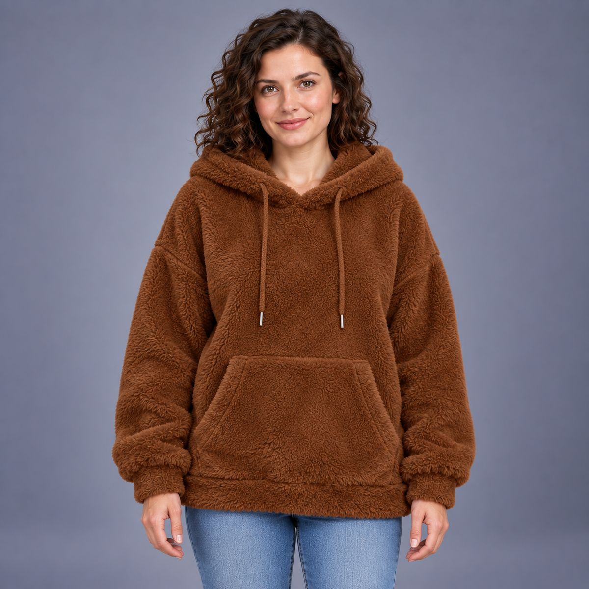 Fontavier Women's Plush Teddy Loose Fit Hooded Sweatshirt - Rust Brown