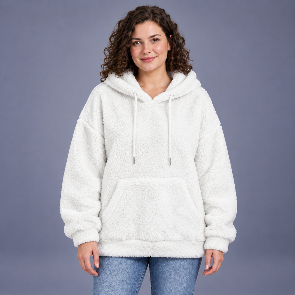 Fontavier Women's Plush Teddy Loose Fit Hooded Sweatshirt - White