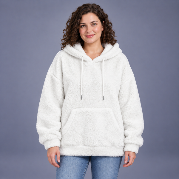 Fontavier Women's Plush Teddy Loose Fit Hooded Sweatshirt - White