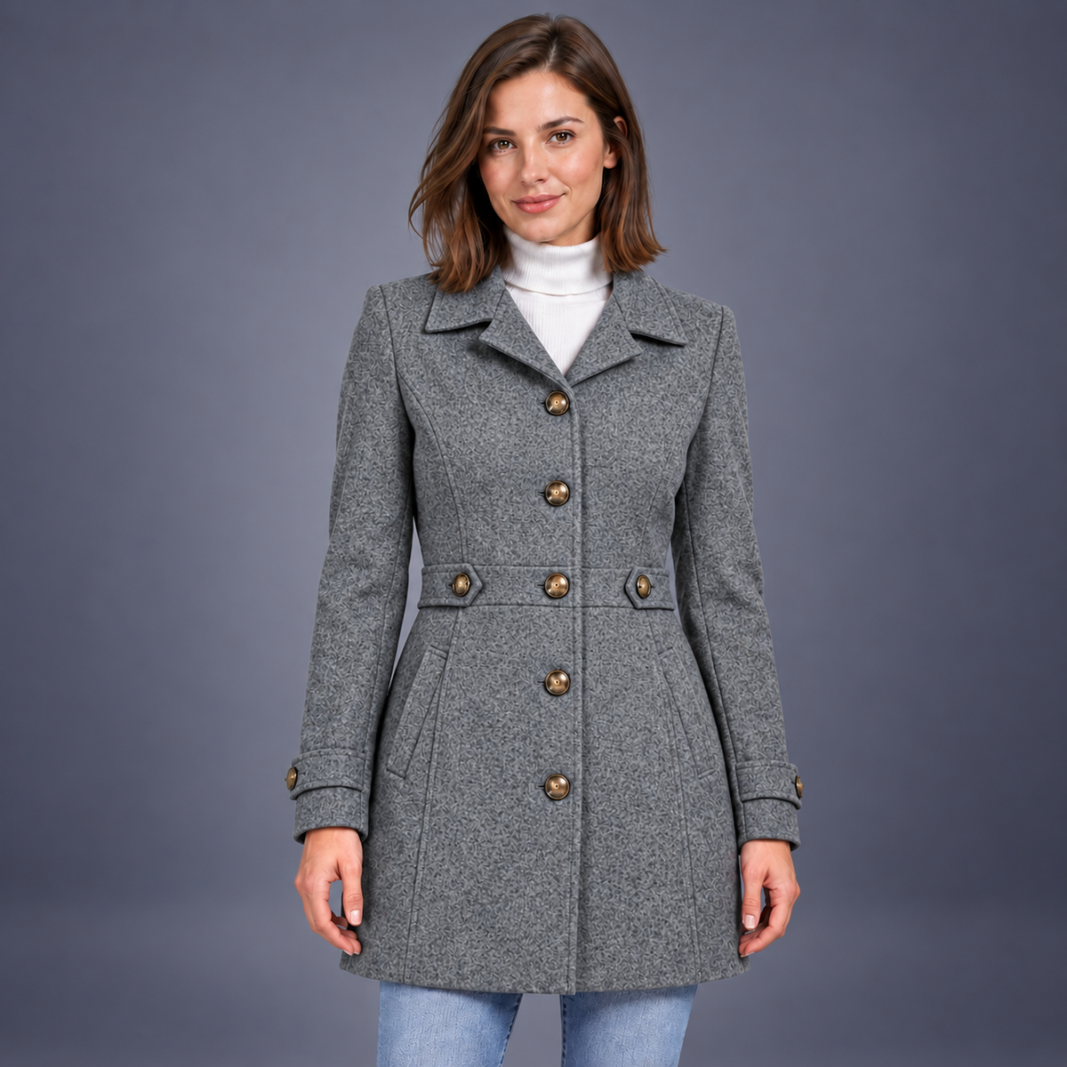 Fontavier Women's Tweed Waist-Cinching Mid-Length Overcoat - Grey