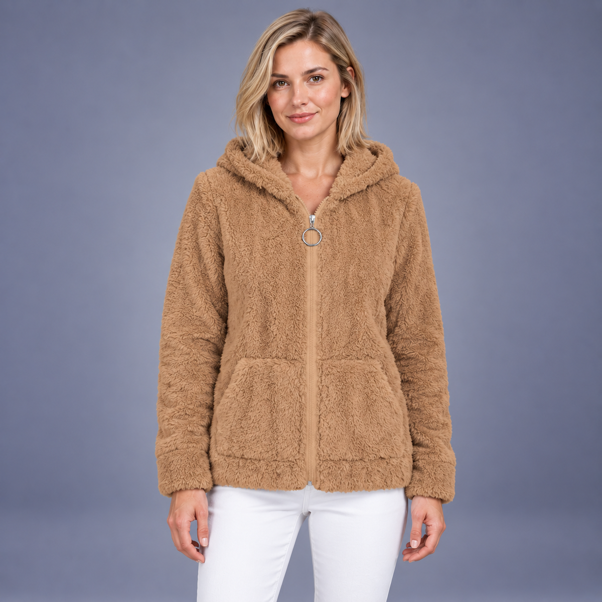 Fontavier Women's Zip-Up Jacquard-Lined Hoodie with Pockets - Camel