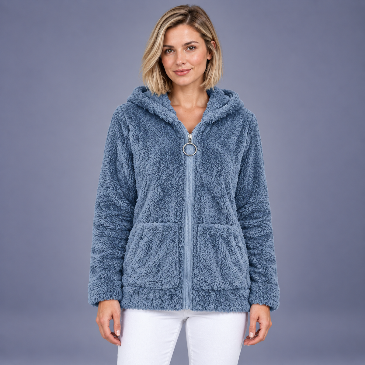 Fontavier Women's Zip-Up Jacquard-Lined Hoodie with Pockets - Denim Blue