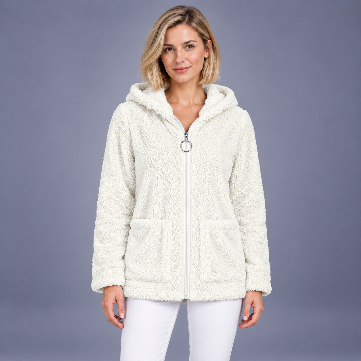 Fontavier Women's Zip-Up Jacquard-Lined Hoodie with Pockets - White