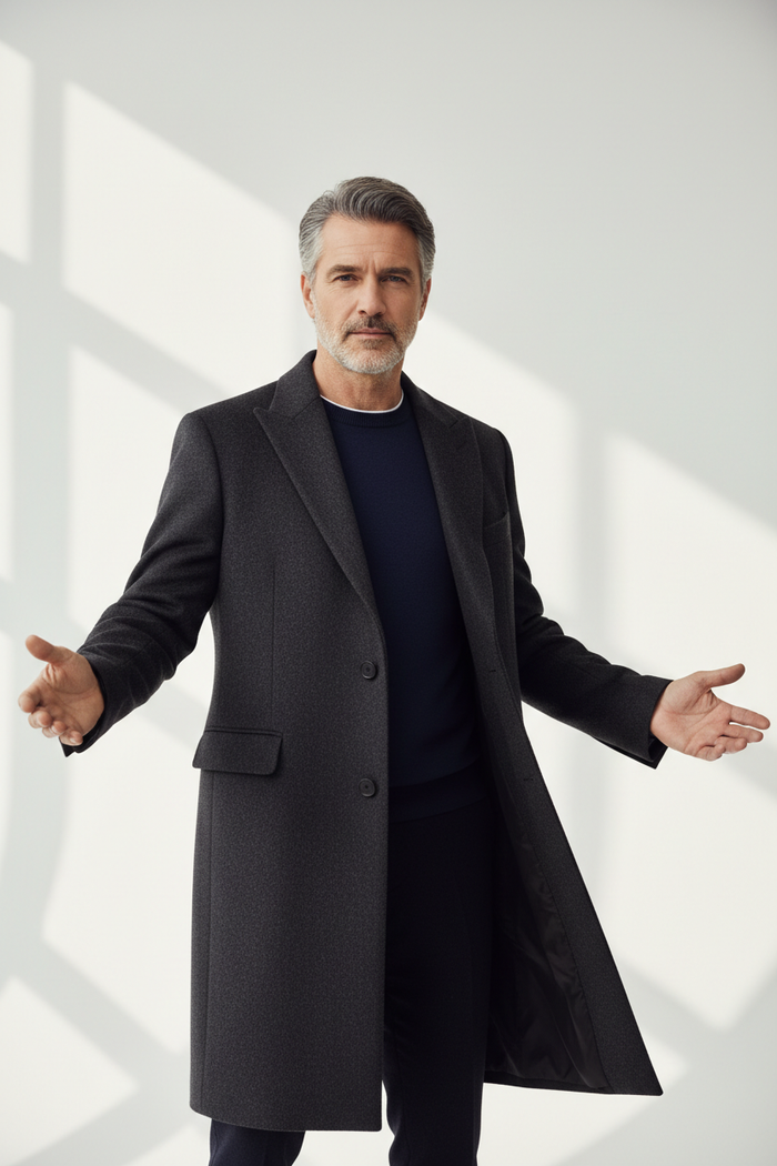 Man wearing Men's Charcoal Wool Overcoat in charcoal