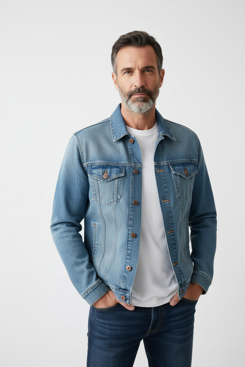 Man wearing Men's Classic Denim Jacket in light blue