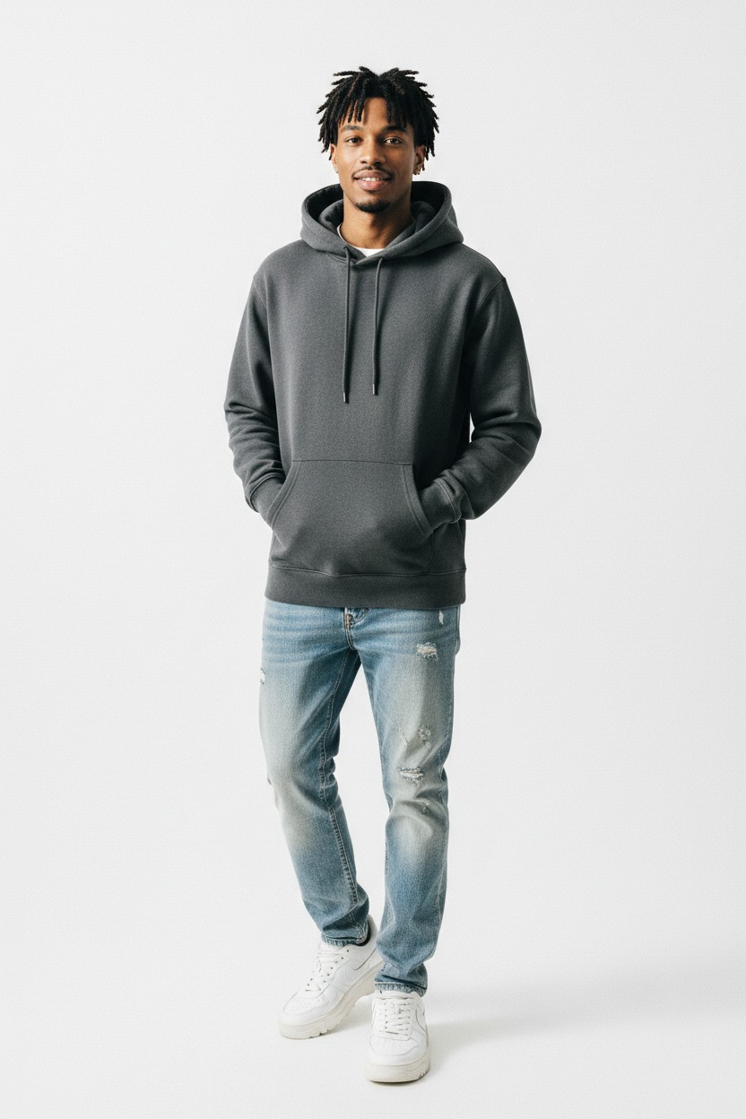 Man wearing Men's Essential Pullover Hoodie in dark grey