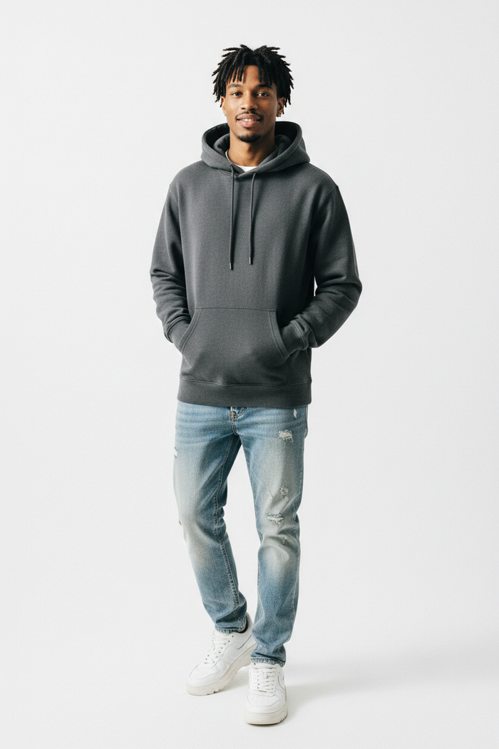 Man wearing Men's Essential Pullover Hoodie in dark grey