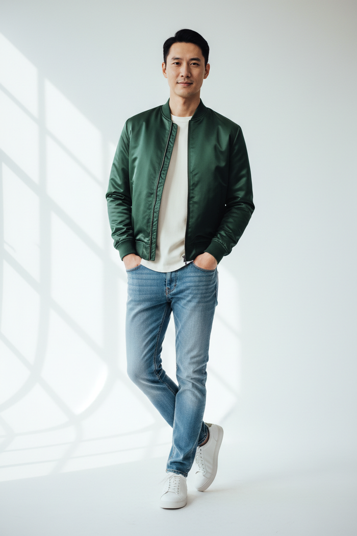 Man wearing Men's Forest Green Bomber Jacket