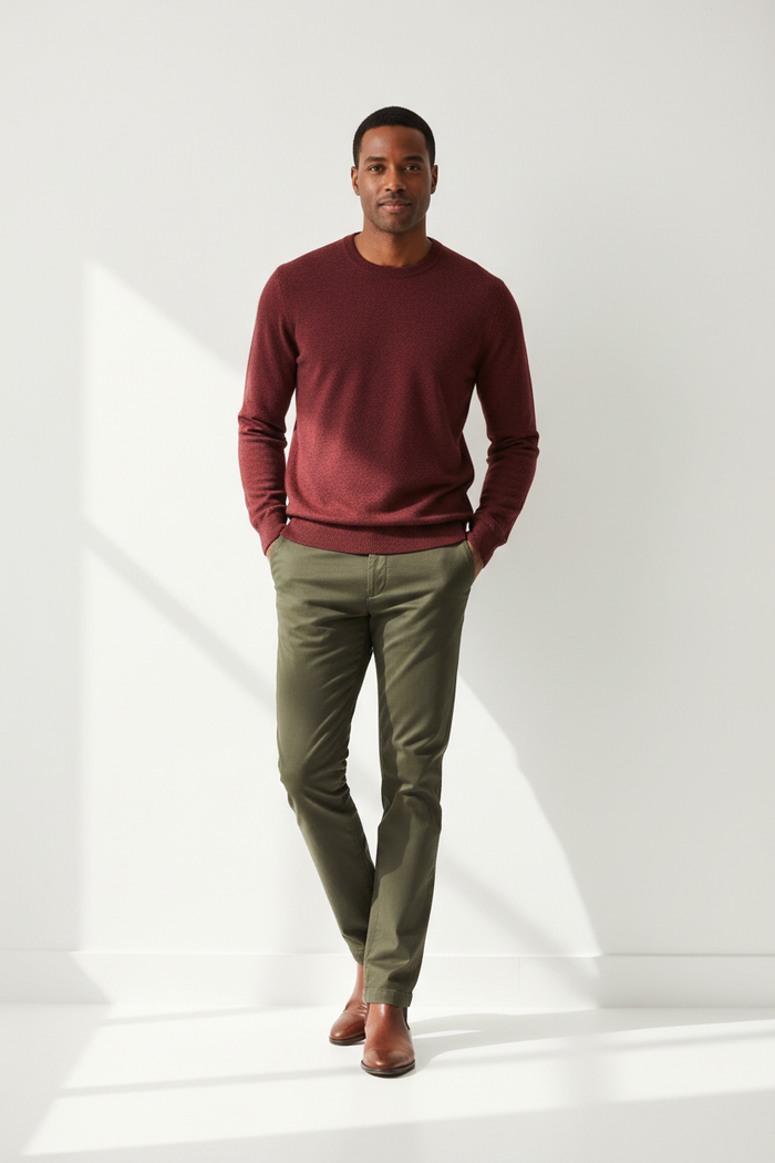 Man wearing Men's Merino Wool Crew Neck Sweater in burgundy