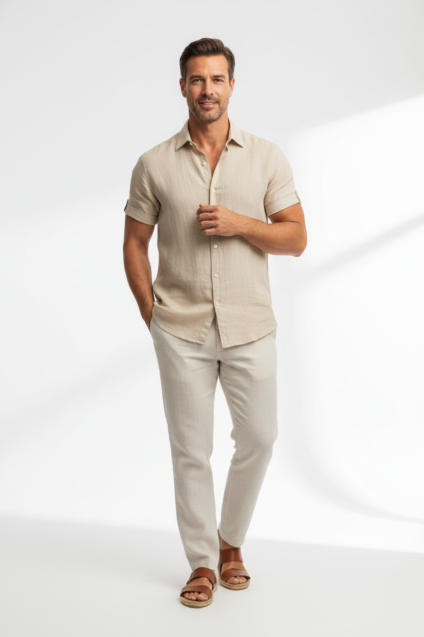 Man wearing Men's Relaxed Linen Shirt in beige