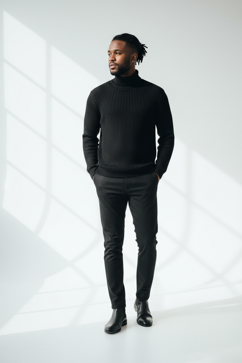 Man wearing Men's Ribbed Turtleneck Knit in black