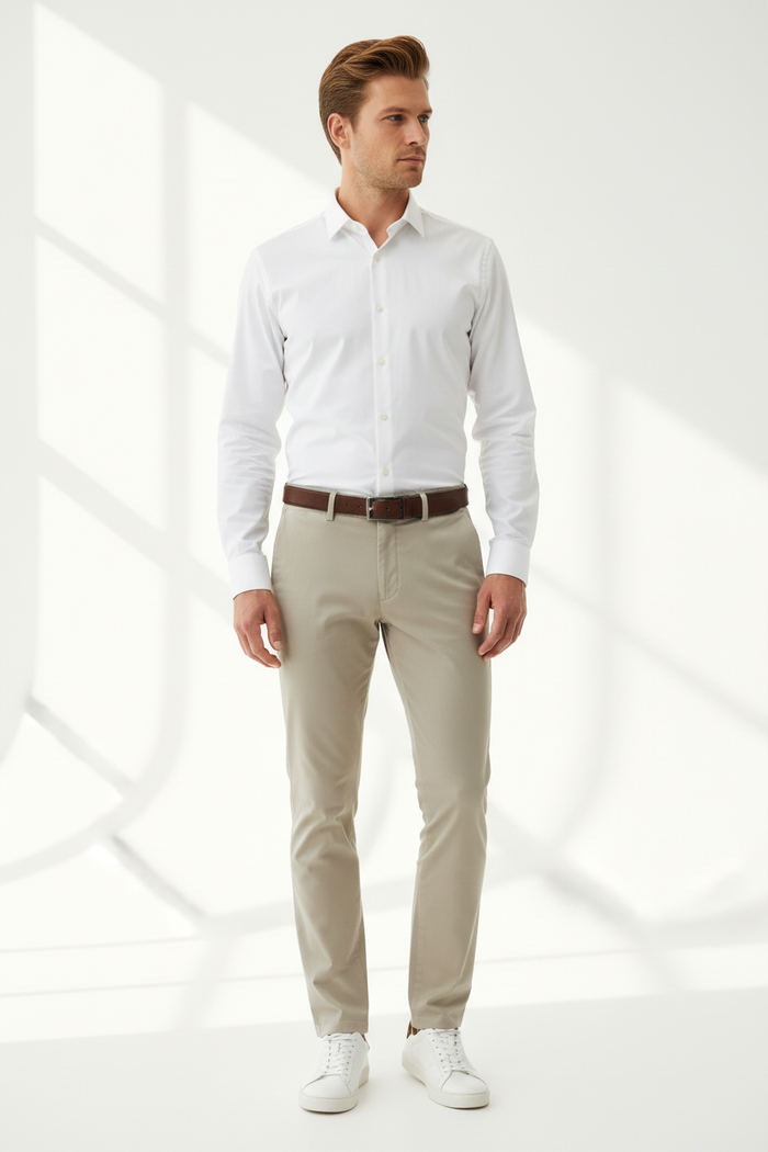 Man wearing Men's Slim Chino Trousers in stone