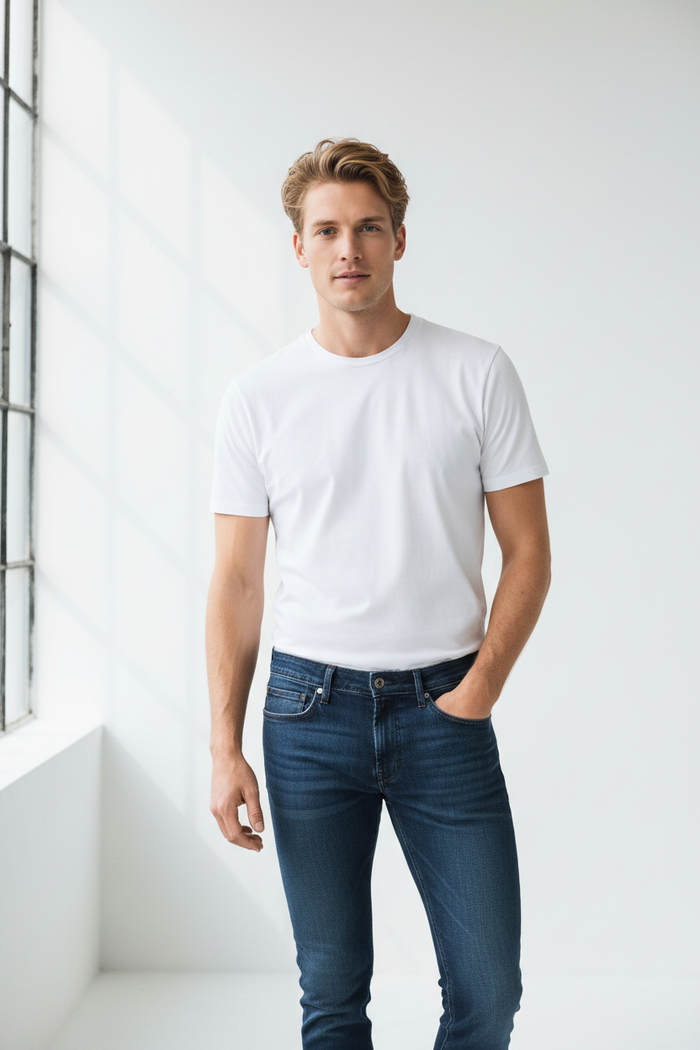Man wearing Men's Slim Fit Dark Wash Jeans in dark blue
