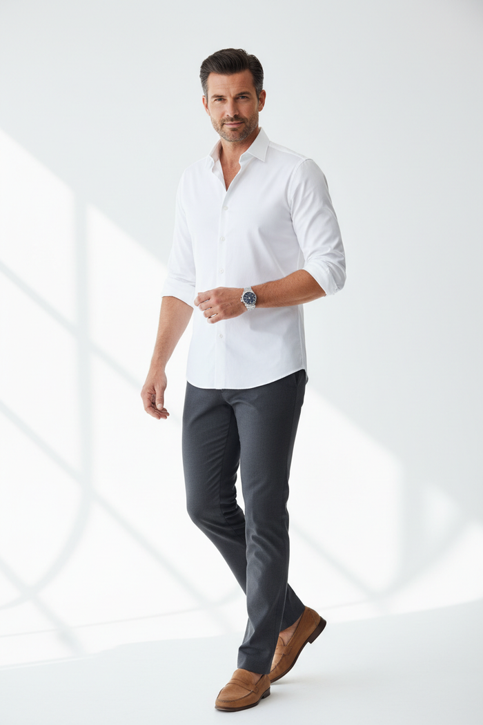 Man wearing Men's Slim Fit Oxford Shirt in white