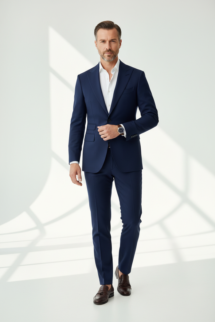 Man wearing Men's Tailored Navy Blazer